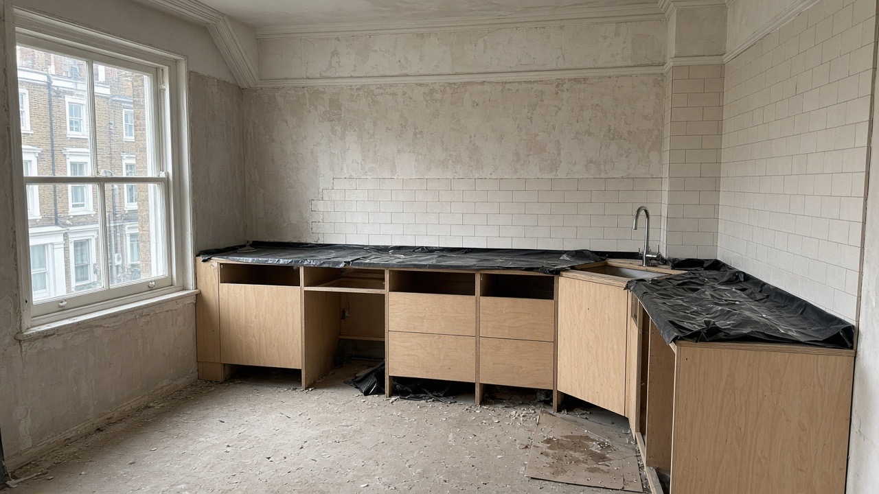 Kitchen cabinets being fitted